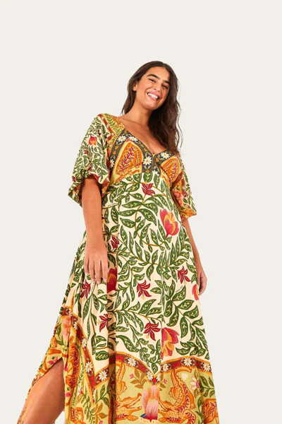 Pre-owned Farm Rio Brazil Floral Green Maxi Dress Size S In Multicolor
