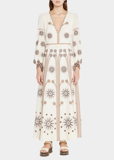 Emporio Sirenuse Adelaide Balance Embroidered Maxi Dress In Ivory Emb Brown