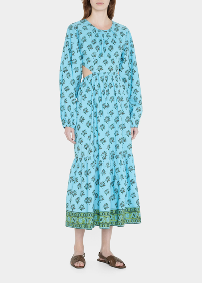 Hannah Artwear Carmen Puff-sleeve Open-back Midi Dress In Blue Multi