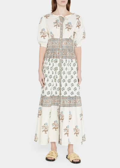 Hannah Artwear Camilla Puff-sleeve Floral Cotton Midi Dress In Sandwhisper-ellip
