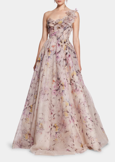 Marchesa Floral-applique Illusion Chiffon Ball Gown In Meadow
