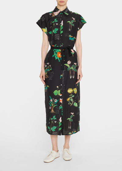 Adam Lippes Garden Floral Button-front Shirt Dress In Black Multi
