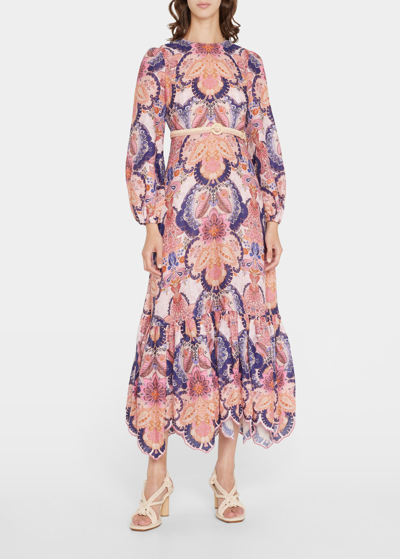 Zimmermann Laurel Long Sleeve Embroidered Midi Dress In Multi