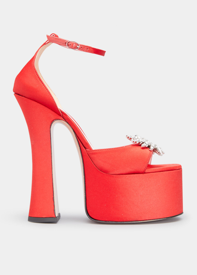 Piferi Rosalia Satin Crystal Platform Sandals In Flame Red