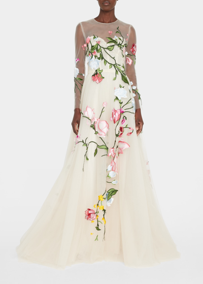 Monique Lhuillier Corset Gown W/ Embroidered Floral Detail In Cameo Multi