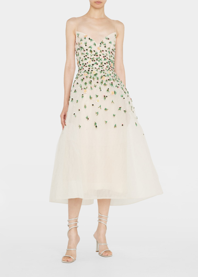 Monique Lhuillier Floral-embroidered Tulle Cocktail Dress In Cameo