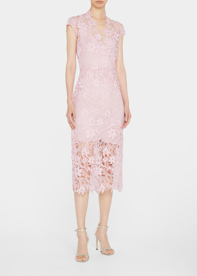 Monique Lhuillier Semi-sheer Lace Midi Dress In Pale Pink