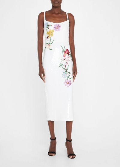 Monique Lhuillier Sequin Cocktail Dress W/ Floral Embroidery In Silk White