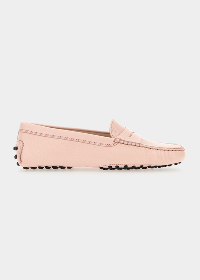 Tod's Leather Driver Penny Loafers In Pale Pink Leather