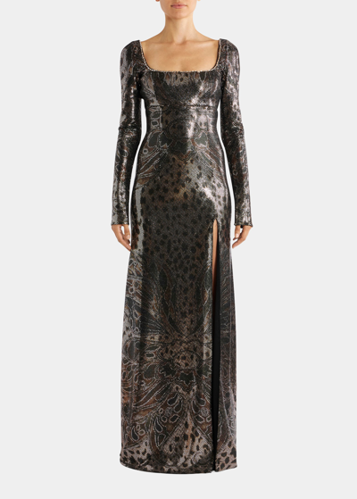 Etro Cheetah Print Long-sleeve Metallic Gown In White