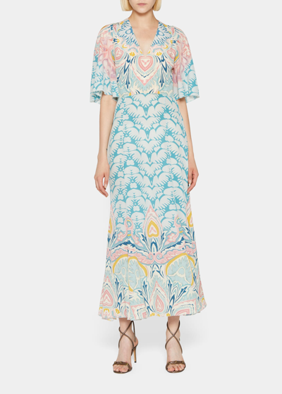 Etro Abstract-print Flutter-sleeve Silk Dress In Light Blue