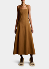 Khaite Lalita Pleated Cotton-blend Twill Halterneck Midi Dress In Toasted Caramel