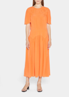 Marni Flutter-sleeve Side-slit Gathered Silk Midi Dress In Orange