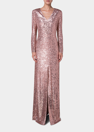 Akris Sequin Long Sleeve Jersey V-neck Gown In Lily