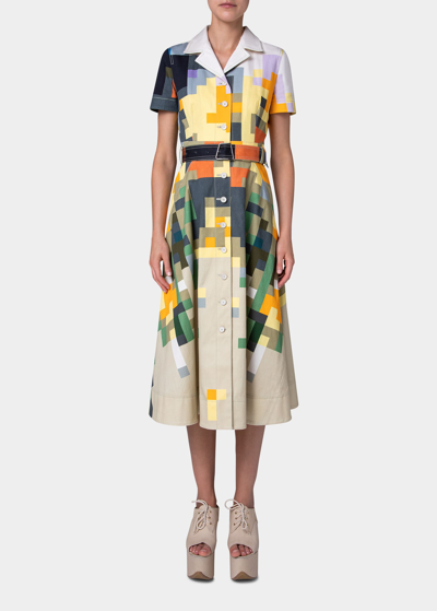 Akris Flowers At Home Print Belted Denim Midi Shirtdress In Multicolor