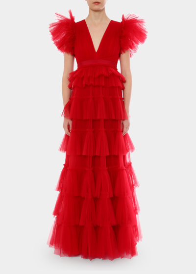 Huishan Zhang Nicolette Tulle Tiered Ruffle Gown In Poppy Red
