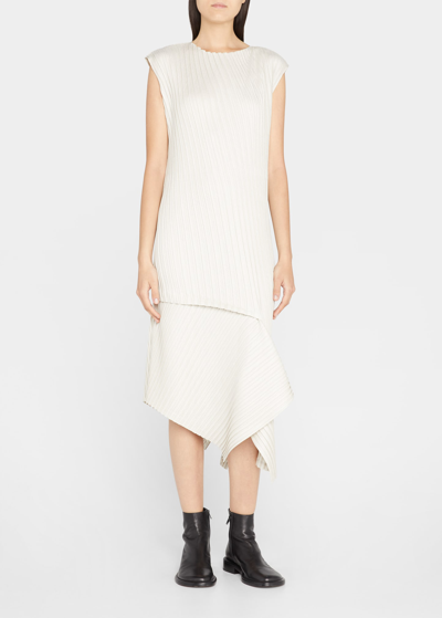 Issey Miyake Linen-like Pleats Asymmetric Midi Dress In Ivory