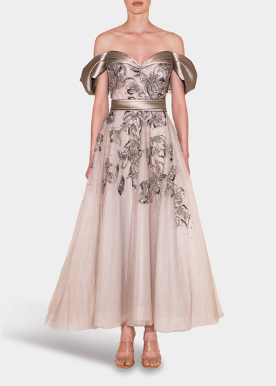 Reem Acra Bead-embellished Off-the-shoulder Tulle Gown In Cement