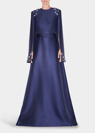 Reem Acra Bead-embellished Split Sleeve Mikado Cape Gown In Navy