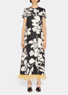 La Doublej Floral-print Silk Swing Dress With Feather Trim In Winter Jasmine