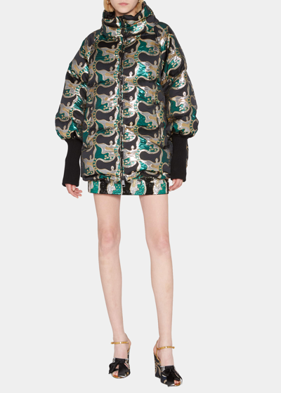 La Doublej St Moritz Reversible Metallic Jacquard Puffer Jacket In Spritz Verde