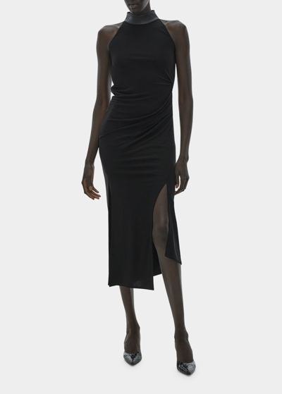 Helmut Lang Ruched Mock Neck Midi Dress In Black