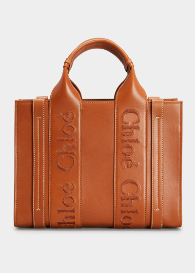 Chloé Woody Small Leather Tote Bag In Brown