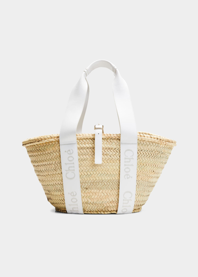 Chloé Sense Basket Bag In Raffia And Leather In White
