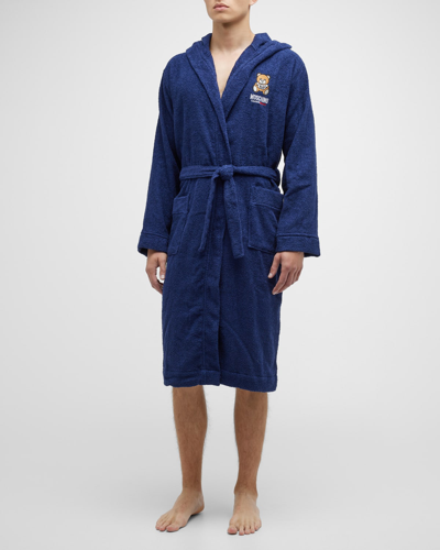 Moschino Men's Solid Robe With Bear Patch In Blue