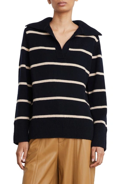 Vince Johnny Collar Stripe Wool & Cashmere Sweater In Blue