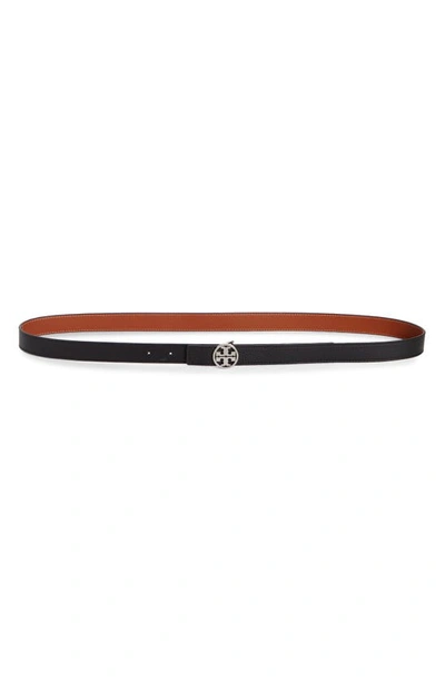 Tory Burch Miller Reversible Logo Belt In Black / Classic Cuoio / Silver