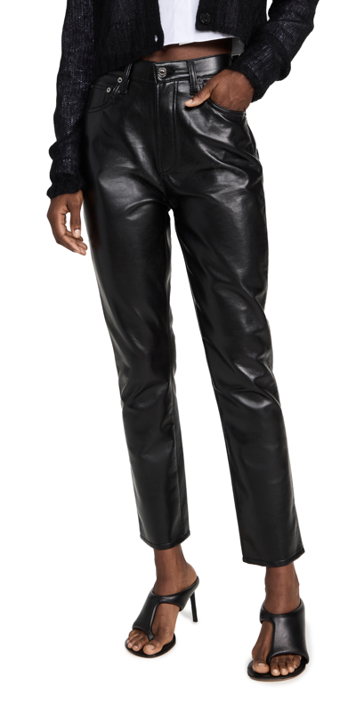 Agolde Riley Long Recycled Leather-blend Straight-leg Pants In Black