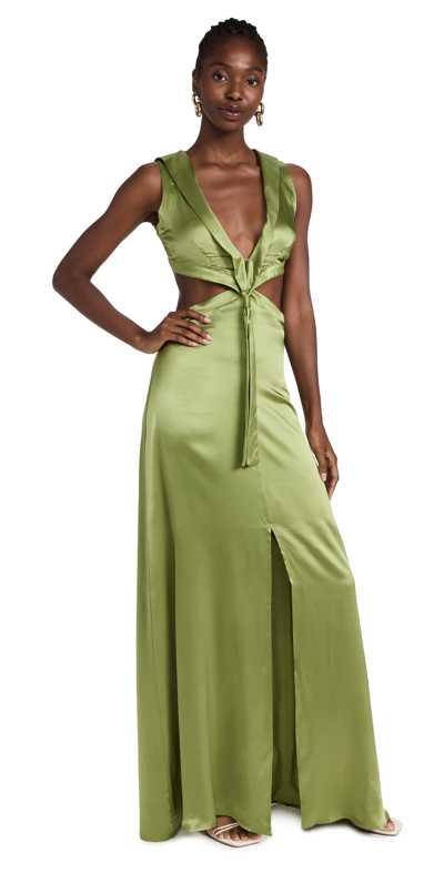 House Of Aama V-neck Cut-out Silk-charmeuse Dress In Green