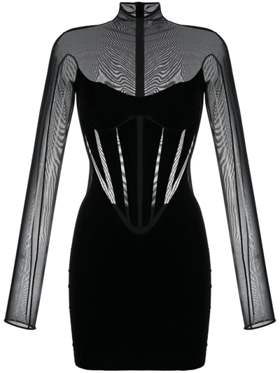 Wolford X Mugler Semi-sheer Panelled Minidress In Black