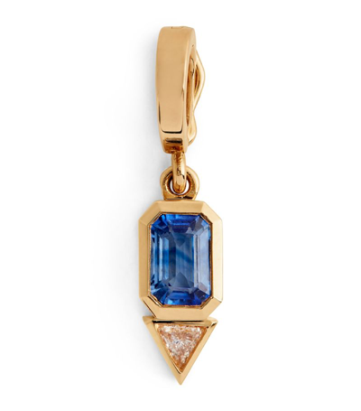 Azlee Yellow Gold, Sapphire And Diamond Trillion Charm In Blue Multi