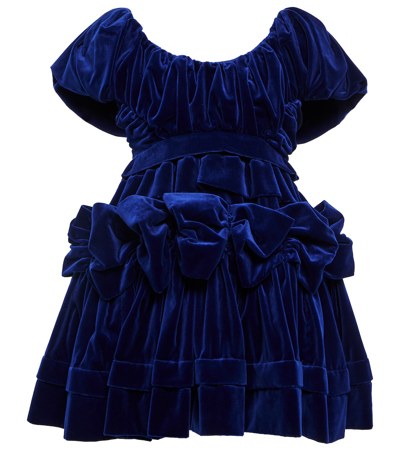 Simone Rocha Bow-embellished Ruffled Cotton-velvet Mini Dress In Navy