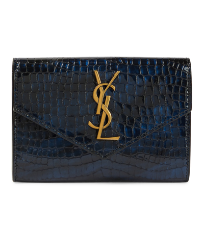 Saint Laurent Cassandre Small Patent Leather Wallet In Bleu Petrole/noir