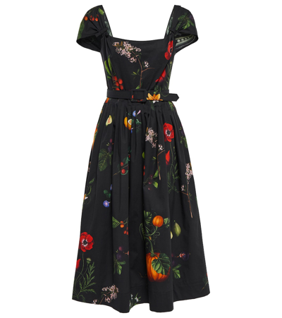Oscar De La Renta Belted Garden Print Cap Sleeve Stretch Cotton Poplin Midi Dress In Black Multi