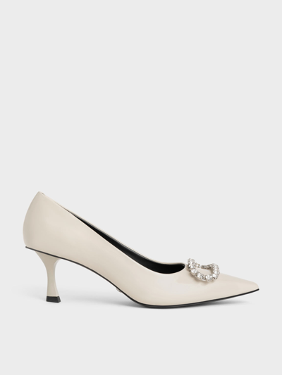 Charles & Keith Gem-embellished Patent Leather Pumps In Chalk