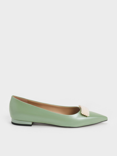 Charles & Keith Leather Pointed-toe Beaded Ballerinas In Green