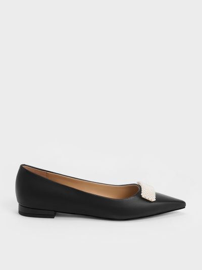 Charles & Keith Leather Pointed-toe Beaded Ballerinas In Black