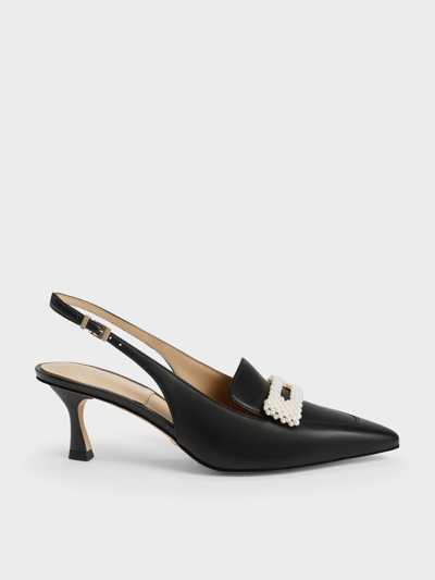 Charles & Keith Leather Beaded Slingback Pumps In Black