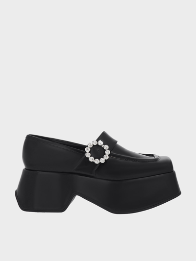 Charles & Keith Gem-embellished Chunky Platform Loafers In Black