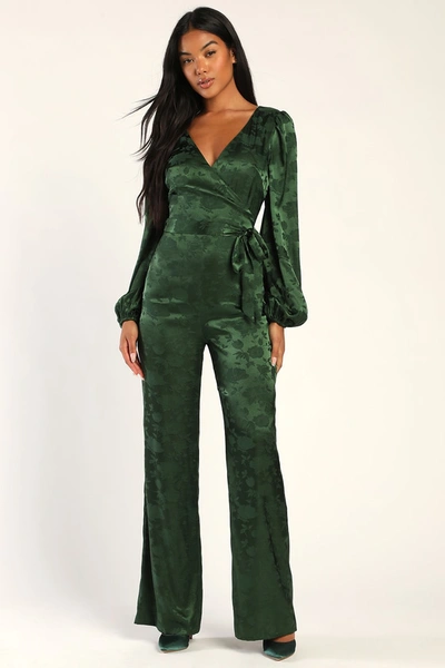 Lulus Classy Charisma Emerald Green Jacquard Long Sleeve Jumpsuit