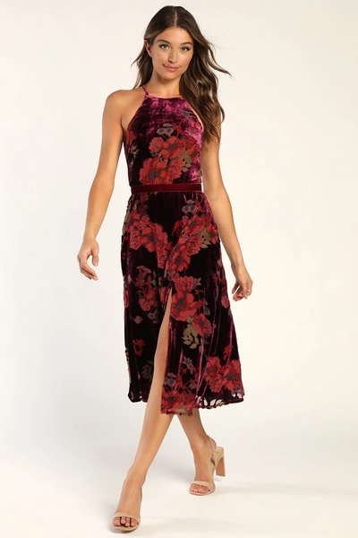 burgundy floral print dress Burgundy Floral Lace Midi Dress main image 1