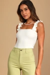 Lulus Musing About You White Ribbed Ruffle Strap Bodysuit In White