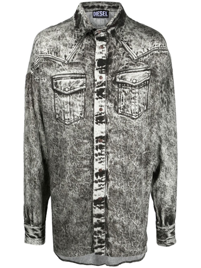 Diesel High-low Long-sleeve Denim Shirt In Grey
