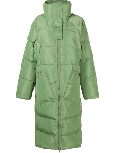 Ganni Oversized Hooded Quilted Padded Recycled Shell Coat In Green