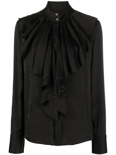 Karl Lagerfeld Logo-jacquard Ruffled Shirt In Black