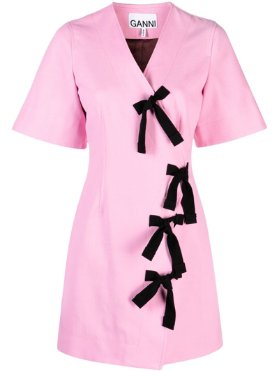 Ganni Bow-detailed Organic Cotton Mini Dress In Pink